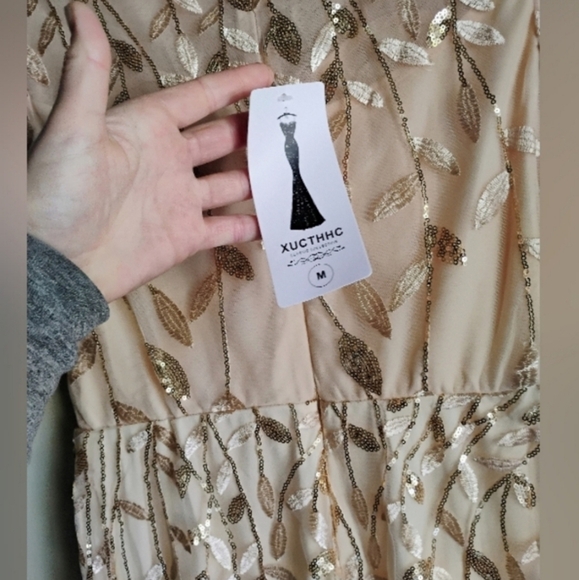XUCTHHC Gold & Champagne Leaf Sequin Godet Gown - Picture 13 of 14
